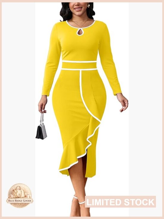 Dresses & Skirts - Long Sleeve Bodycon Midi Dress Ruffle Side Split Work Party Evening